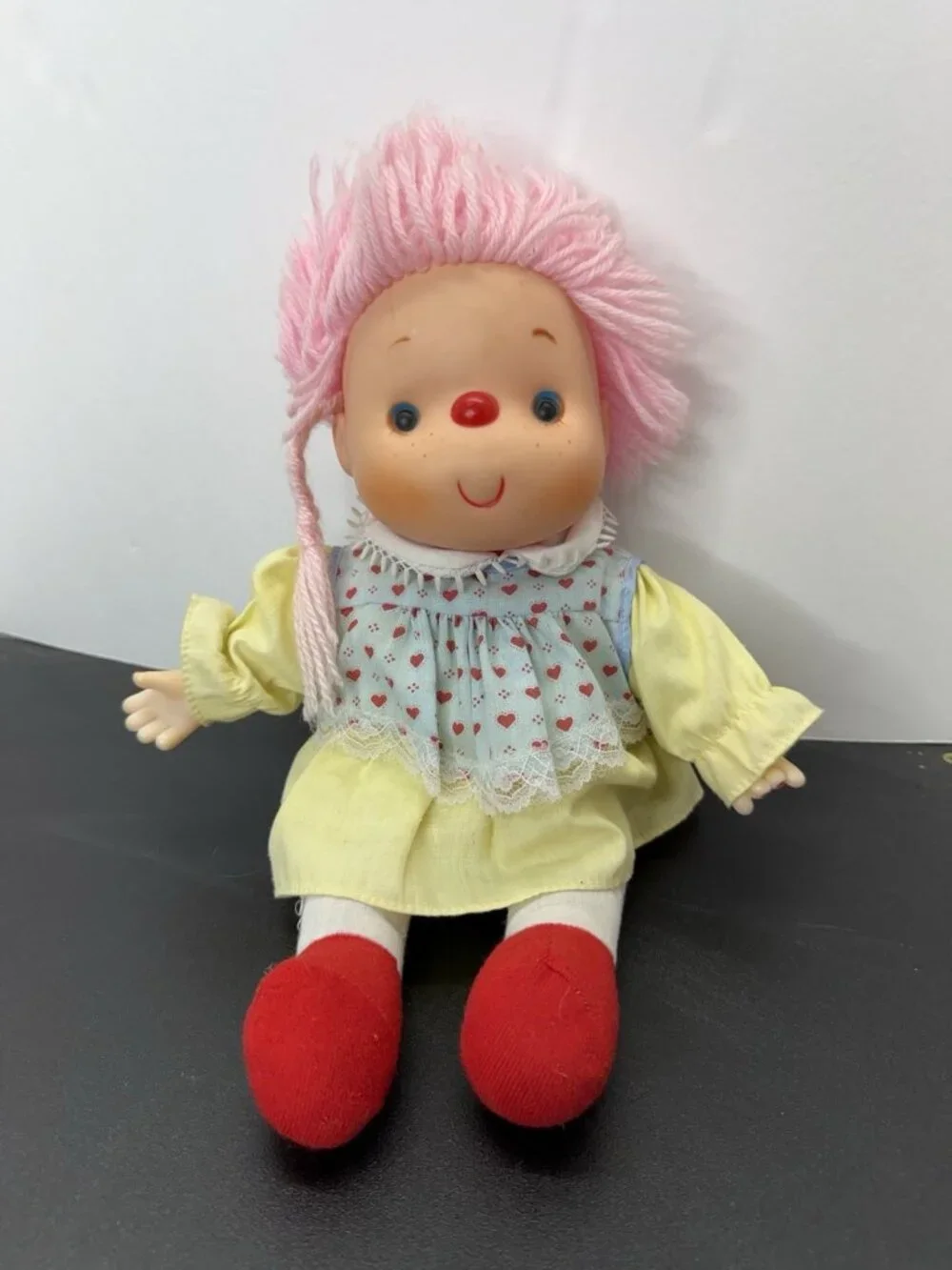 Vintage 1980s Ice Cream Girl Doll 10-12”. Pink Hair Hat Soft Body Play Doll
